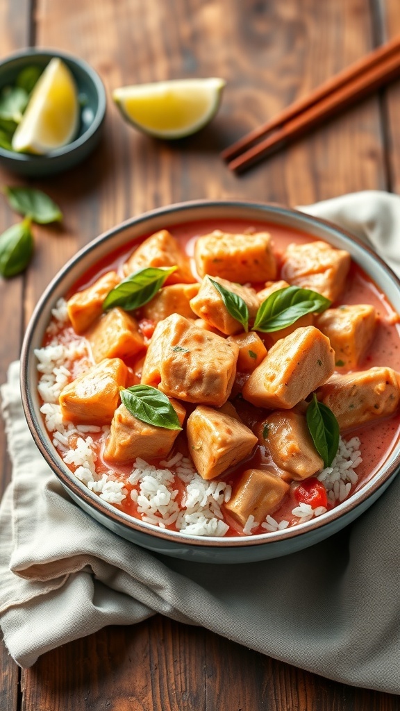 Pink Curry Chicken Recipe A colorful bowl of pink curry chicken with rice, garnished with basil, on a wooden table.